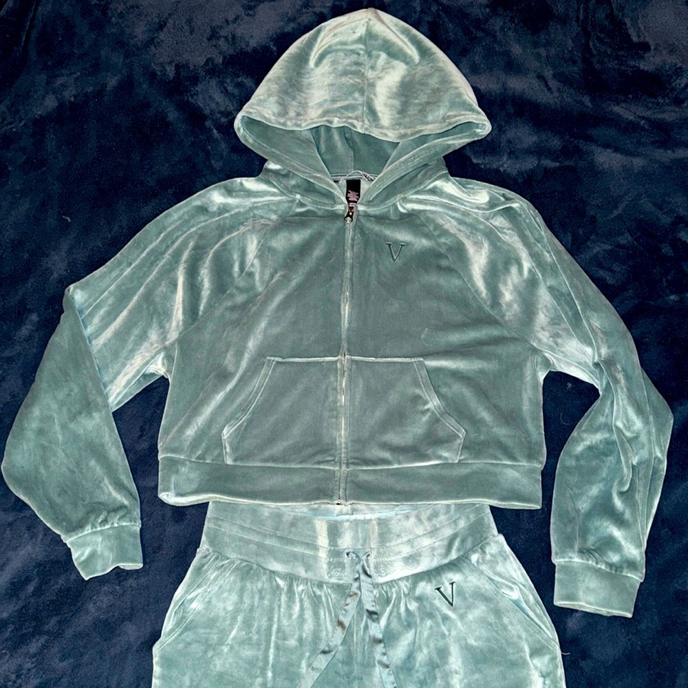 Victoria's Secret Aqua Velour Set Jogger Pants and Cropped Hoodie Size Small